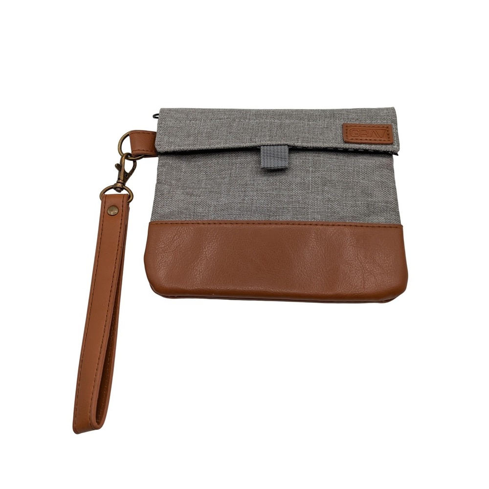 GRAV Gray Tan Travel Pouch Wristlet Zip Organizer Bag Faux Leather Small Case
